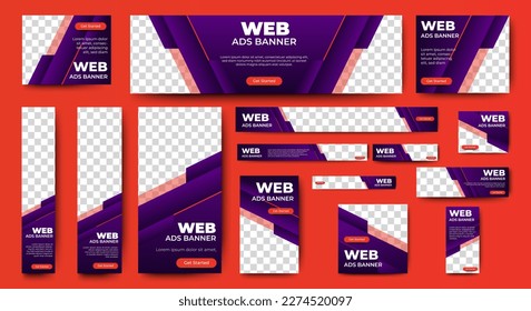 Creative web banners of standard size with a place for photos. Gradient blue and Red. Business ad banner. Vertical, horizontal and square template.