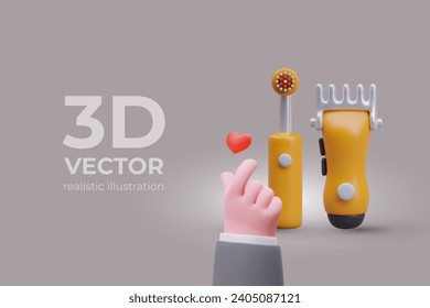Diseño web creativo, publicidad de dispositivos para higiene personal. Cepillo de dientes eléctrico realista, cortador. La mano envía corazones. Oferta promocional. Concepto de fondo gris