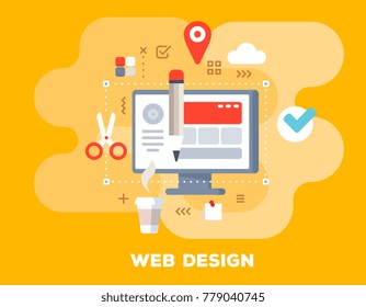 Creative web design concept on yellow background with title. Vector color illustration of big computer monitor, cup of coffee, pencil and icons. Flat style design for web, site, business banner
