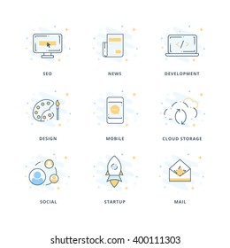 Creative Web Design, Seo And Development Flat Icon Set. UX, UI Line Icon