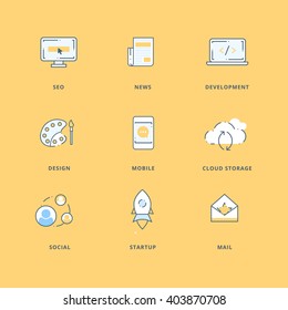 Creative web design, seo and development flat banners icon set. UX, UI line icon
