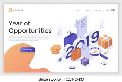 Creative web page with 2019 year number, paper bags, gift boxes, money coins. Year of opportunities for shopping, retail, trade. Modern vector illustration for internet advertisement, promotion.