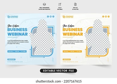 Creative webinar template design for official seminar invitation with yellow and blue colors. Online business promotional web banner for marketing. Business conference webinar social media post.