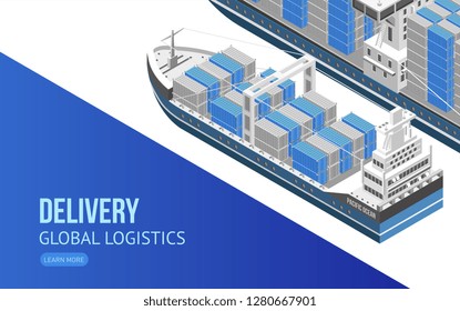 Creative webpage design with isometric freight ship and information about global delivery and logistics