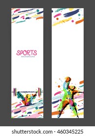 Creative Website Banner Set mit Illustration von Gewicht Lifter und Basketball Player, Vektorgrafik für Sport Konzept.