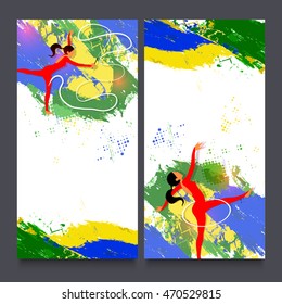 Kreative Website-Banner Set mit Illustration von Mädchen, die Gymnastik auf brasilianischen Flagge Farben abstrakte Hintergrund für Sport-Konzept.