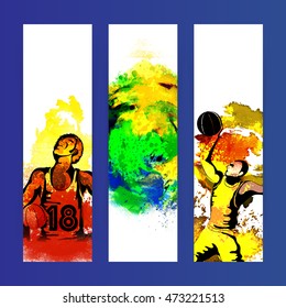 Banner creativo de sitio web con ilustración de jugador de baloncesto y diseño abstracto de acuarela para el concepto de Deportes.