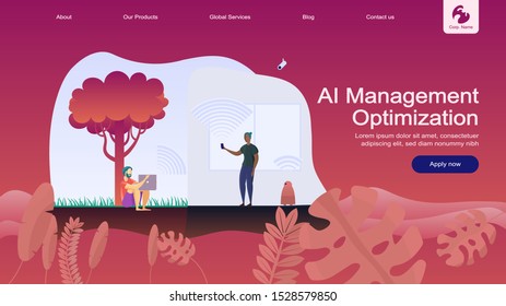 Creative website design template: artificial intelligence for project management, business communication, workflow. Vector flat illustration concepts of web page for desktop and mobile development