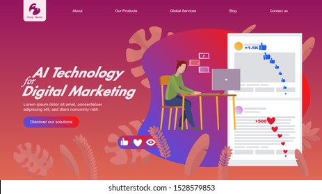 Creative website design template: artificial intelligence for project management, business communication, workflow. Vector flat illustration concepts of web page for desktop and mobile development