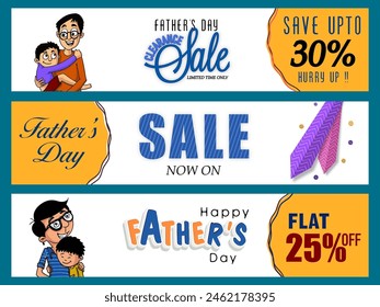 Creative Website Kopfball oder Banner-Set, Ausverkauf mit Flat Discount Offer, Vektorillustration von niedlichen Jungen, der seinen Vater umarmt für Happy Father's Day Feier.