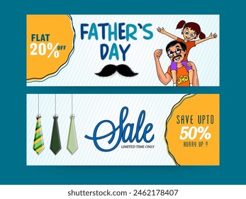 Creative Website Header oder Banner Set von Limited Time Sale mit 20% Rabatt, Vektorillustration von süßen Mädchen auf der Schulter ihres Vaters sitzend für Happy Father's Day Feier.