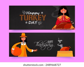 Creative website header or banner set with young pilgrim girl and boy for Happy Turkey Day or Happy Thanksgiving Day celebration.