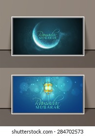 Creative website header or banner set decorated with shiny crescent moon and arabic lantern for Islamic holy month, Ramadan Kareem celebration.