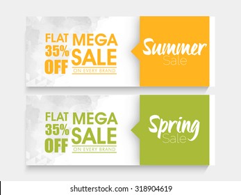 Creative Website Header Or Banner Set Of Mega Summer And Spring Sale With Special Discount Offer.