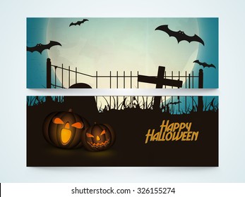 Creative website header or banner set with scary Jack O Lantern and flying bats for Happy Halloween party celebration.