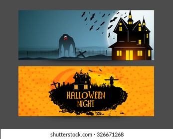 Creative website header or banner set with haunted house and scary zombie for Halloween Night celebration.