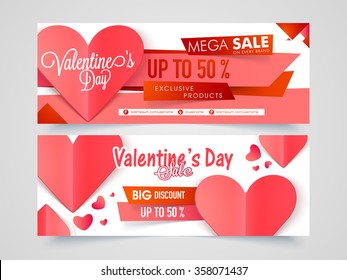 Creative website header or banner set of Mega Sale with 50% Discount Offer for Happy Valentine's Day celebration.