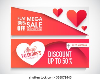 Creative website header or banner set of Mega Sale with Flat Discount Offer for Happy Valentine's Day celebration.