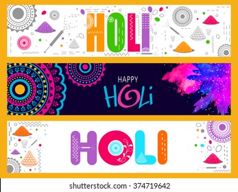 Cabecera o banner de sitio web creativo con diferentes elementos para el Festival de Colores de la India, celebración Feliz Holi.