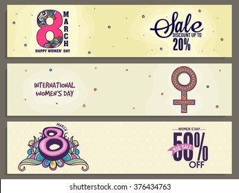 Creative website header or banner set of Big Sale with Discount Offer for International Women's Day celebration.