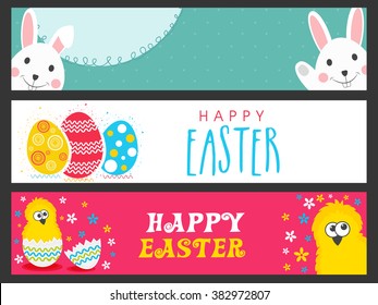 Cabecera o banner creativo de sitio web con lindos conejitos, pollitos y coloridos huevos para la celebración de Pascua Feliz.