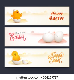 Cabecera creativa del sitio web o conjunto de pancartas decoradas con chicas lindas y huevos rotos para la celebración de Pascua Feliz.