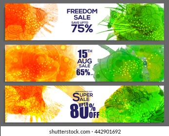 Creative website header or banner set for Indian Independence Day, Freedom Sale Header, Special Discount Offers, Beautiful Sale Background with abstarct splash and floral decoration.