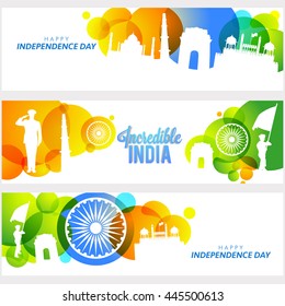 Creative Website Header or Banner set, Illustration of Famous Monuments and Saluting Soldier of Incredible India, Flag Colour Circles and Ashoka Wheel for Independence Day.