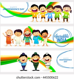 Creative Website header or banner set with Cute Characters as Kids wearing t-shirts making word India, Unity in Diversity of Incredible India and Saluting Armed Force Officers.