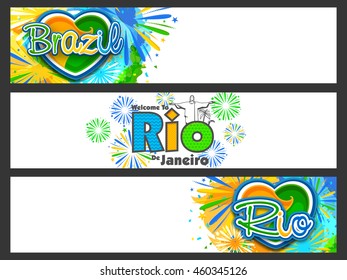 Kreative Website-Kopfzeile oder Banner-Set mit brasilianischen Flag Farben abstrakte Design für Sport-Konzept dekoriert.