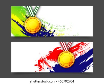Creative website header or banner set, Abstract background with glossy Medals on watercolor brush strokes, Vector illustration for Sports concept.
