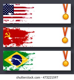 Criativa Site Header ou Banner definido com Estados Unidos da América, União Soviética, Bandeiras do Brasil e Medalhas de Ouro para o conceito de Esportes.