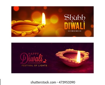 Creative website header or banner set, Glowing background with realistic oil lamps (Diya) decoration, Beautiful vector for Indian Festival of Lights, Happy Diwali (Shubh Diwali) celebration.