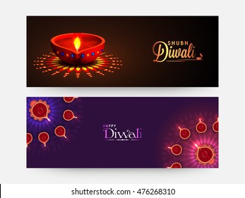 Creative website header or banner set, Beautiful background decorated with illuminated Oil Lamps (Diya) and Floral Rangoli for Indian Festival of Lights, Happy Diwali (Shubh Diwali) celebration.