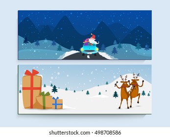 Creative website header or banner set with illustration of Santa Claus in car, Dancing Reindeers and Big Gift Boxes on winter background.