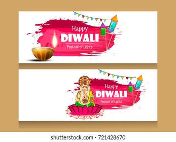 Creative website header or banner set with Happy Diwali text and Lord Ganesh ji on brush strokes decorated with traditional illuminated Oil Lamps (Diya) and firworks  for  Happy Diwali  celebration.