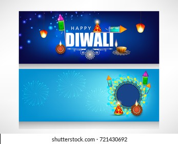 Creative website header or banner set with Happy diwali text, with decorated traditional illuminated floral Oil Lamps (Diya) rangoli and firworks and lamp for Happy Diwali (Shubh Diwali) celebration.