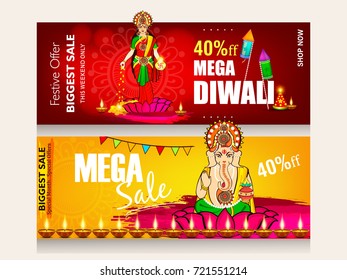 Creative website header or banner set with offer sale text, and traditional illuminated floral Oil Lamps (Diya) and Goddess laxmi and lord ganesh ji for Happy Diwali (Shubh Diwali) celebration.