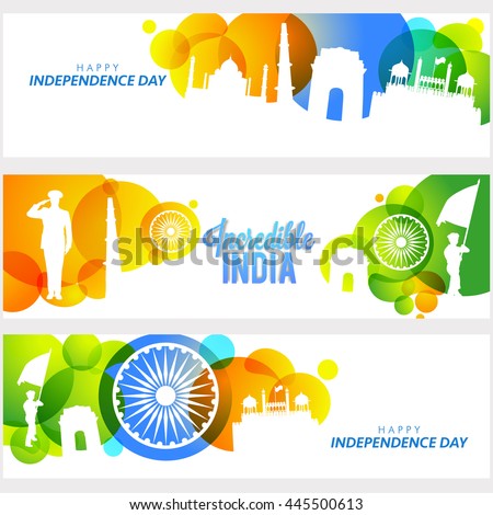 Creative Website Header or Banner set, Illustration of Famous Monuments and Saluting Soldier of Incredible India, Flag Colour Circles and Ashoka Wheel for Independence Day.