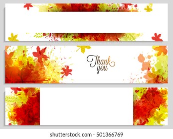 Creative website headers set with space for text, Abstract background with colorful splash and maple leaves for Happy Thanksgiving Day celebration.