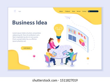Creative website template of business idea concept, 3D isometric design vector illustration