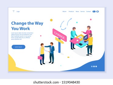 Creative website template of Change the Way You Work concept, 3D isometric design vector illustration