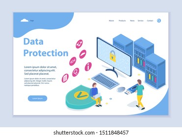 Creative website template of data protection concept, 3D isometric design vector illustration
