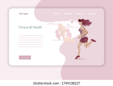 Creative website template design for a fitness studio. Modern flat web page design design concept. Fitness exercises, running woman, man. Vector illustration
