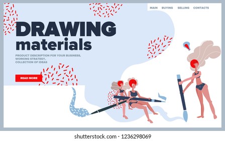 creative website template design with rafting small people and giant brushes,pencils . Vector illustration concept of web page design,mobile website development. Easy to edit and customize.
