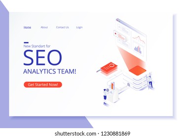 Creative website template design. SEO analytics team landing page. Vector isometric illustration concept of search engine optimization, analysis, chart, people. Modern 3d graphic design in flat style