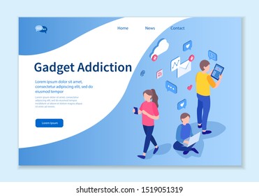 Creative website template of Gadget Addiction concept, 3D isometric design vector illustration