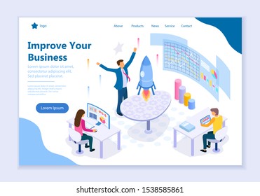 Creative website template of Improve Your Business concept, 3D isometric design vector illustration