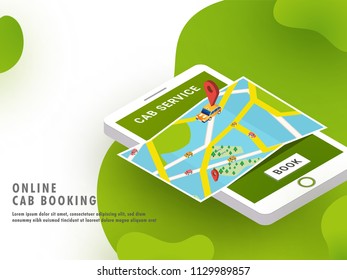 Creative website template or landing page for Online Cab Booking concept with 3D isometric illustration of a GPS, cartography map with map pin in smartphone.