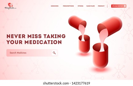 Diseño creativo de plantillas de sitio web con medicamentos para la salud y el concepto médico con el texto de "Nunca se pierda tomar su medicina".